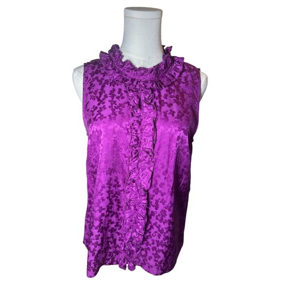 Marc by Marc Jacobs | 100% Silk Jacquard Ruffle Neck Top Sparkling Grape Sz 8 - Picture 8 of 8